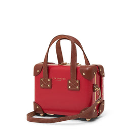 Angled product view of the mini Diplomat leather suitcase in red with shoulder attachment strap