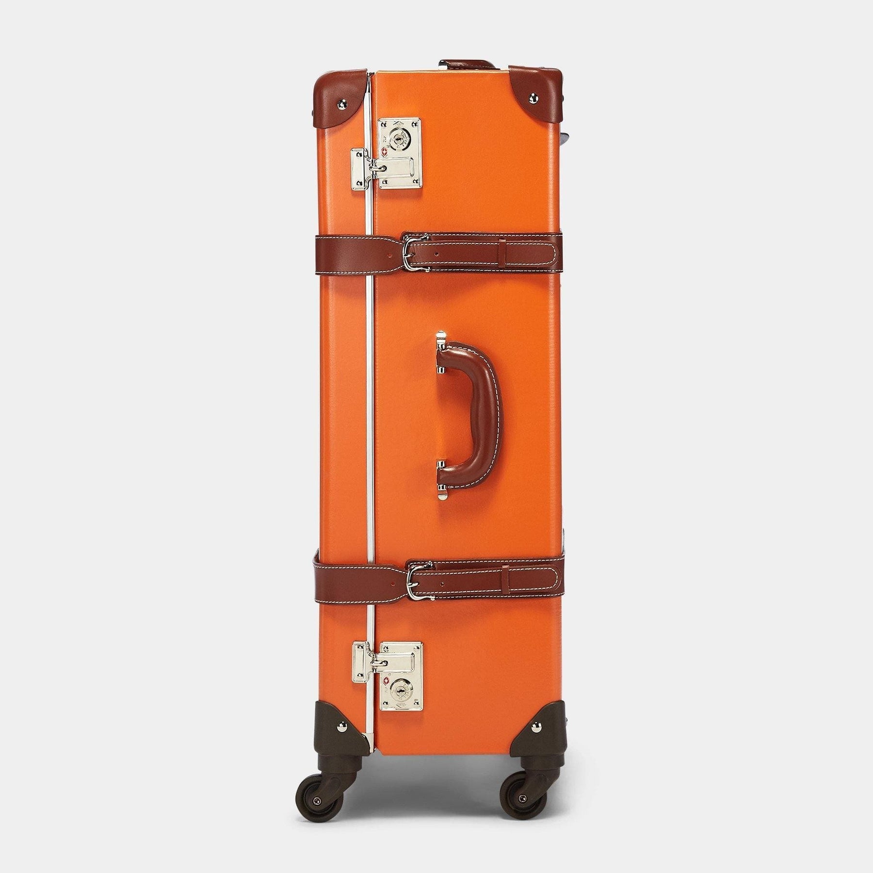Side product view of the check-in Anthropologist leather suitcase in orange