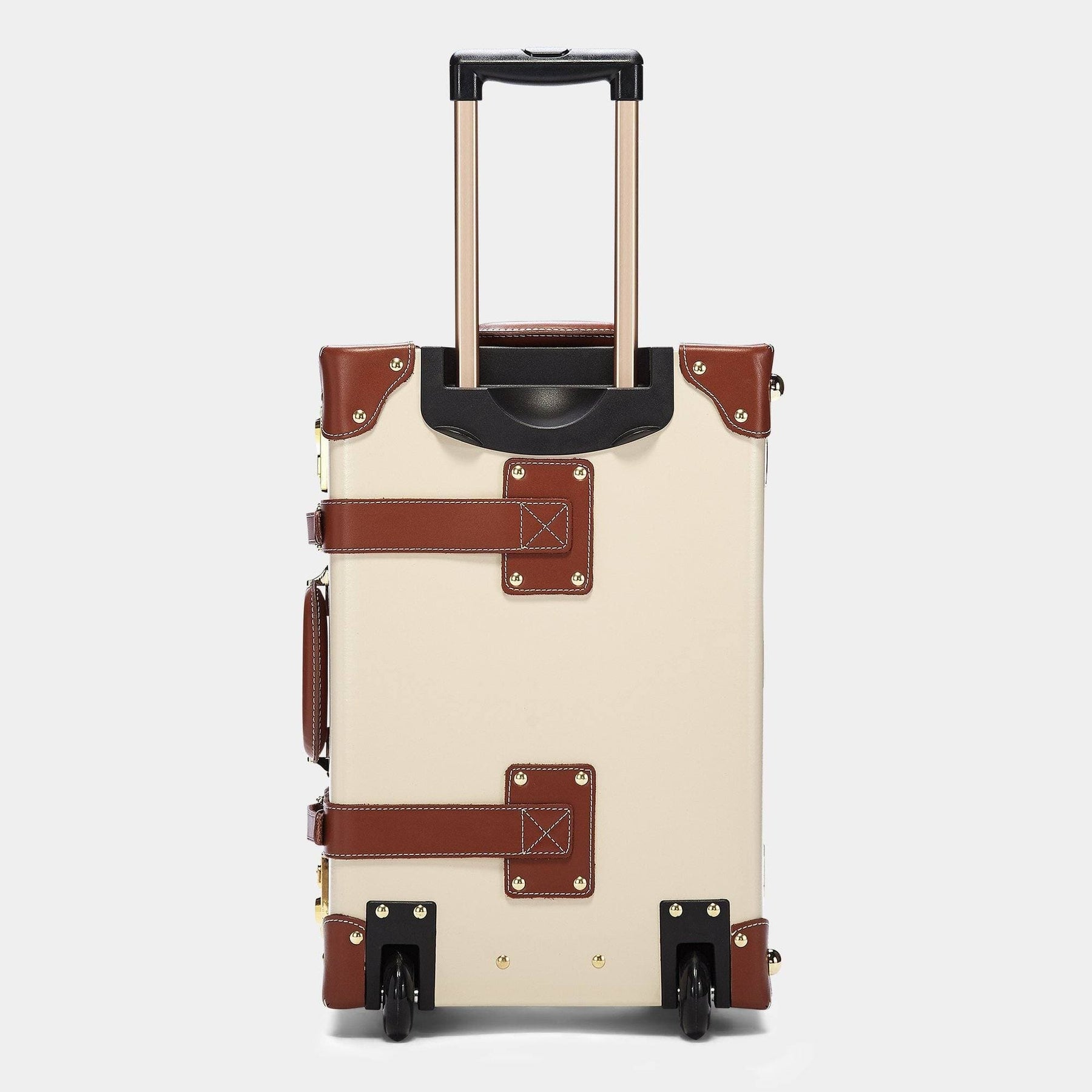 Back product view of the carry-on Diplomat leather suitcase in cream with raised handle