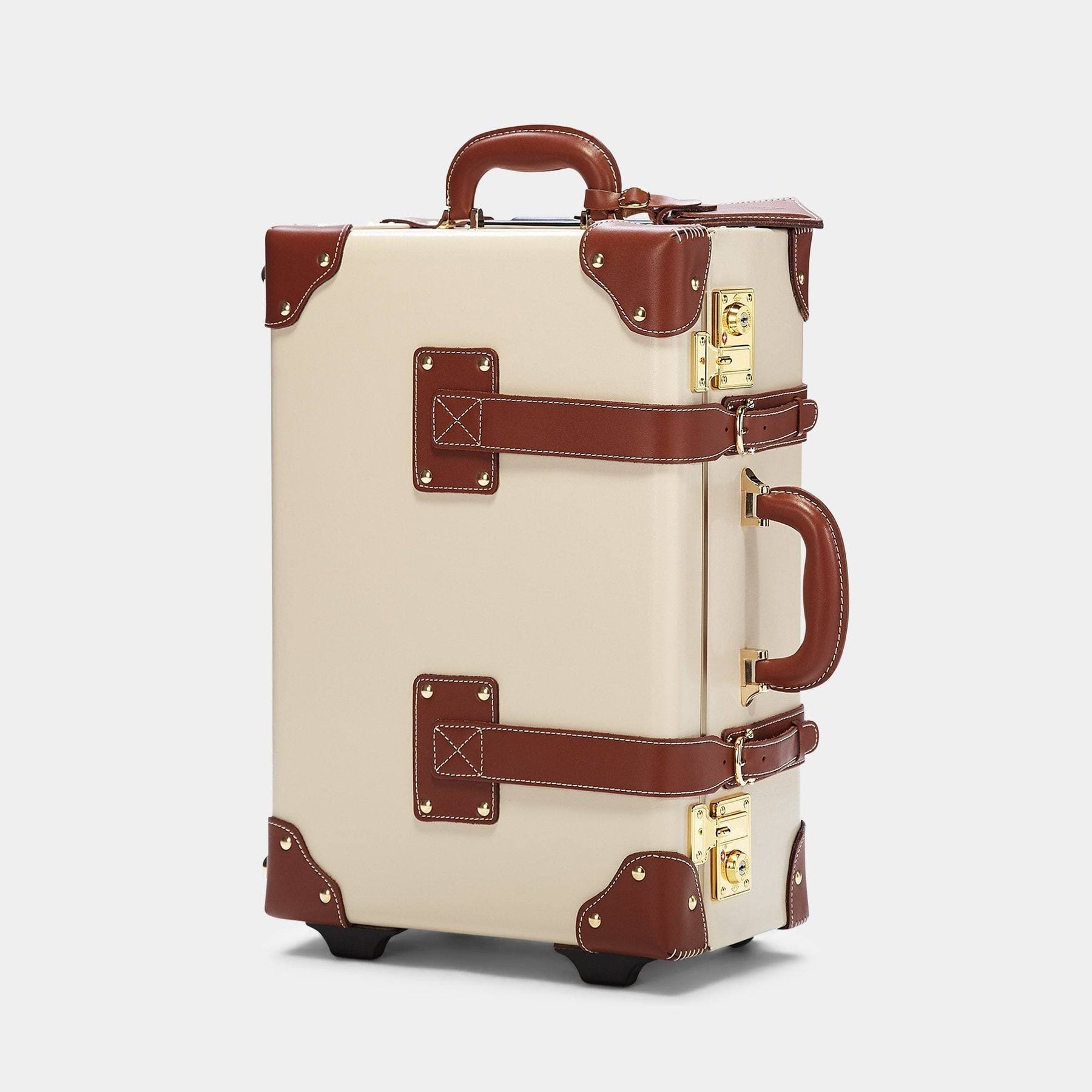 Angled product view of the carry-on Diplomat leather suitcase in cream