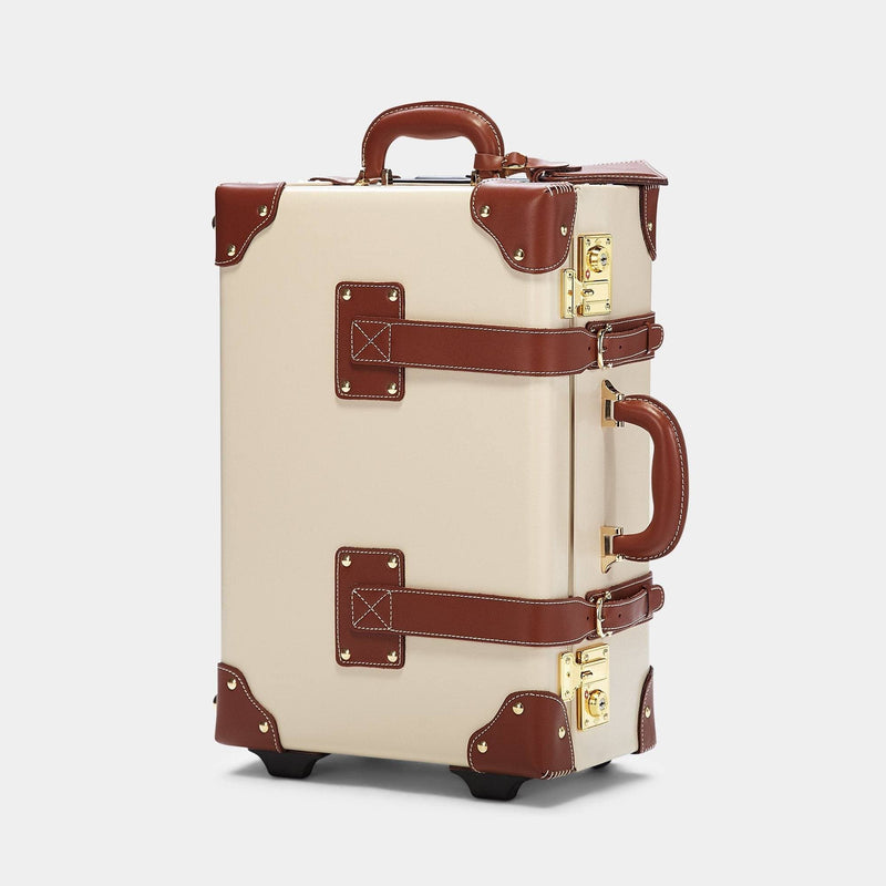 Angled product view of the carry-on Diplomat leather suitcase in cream