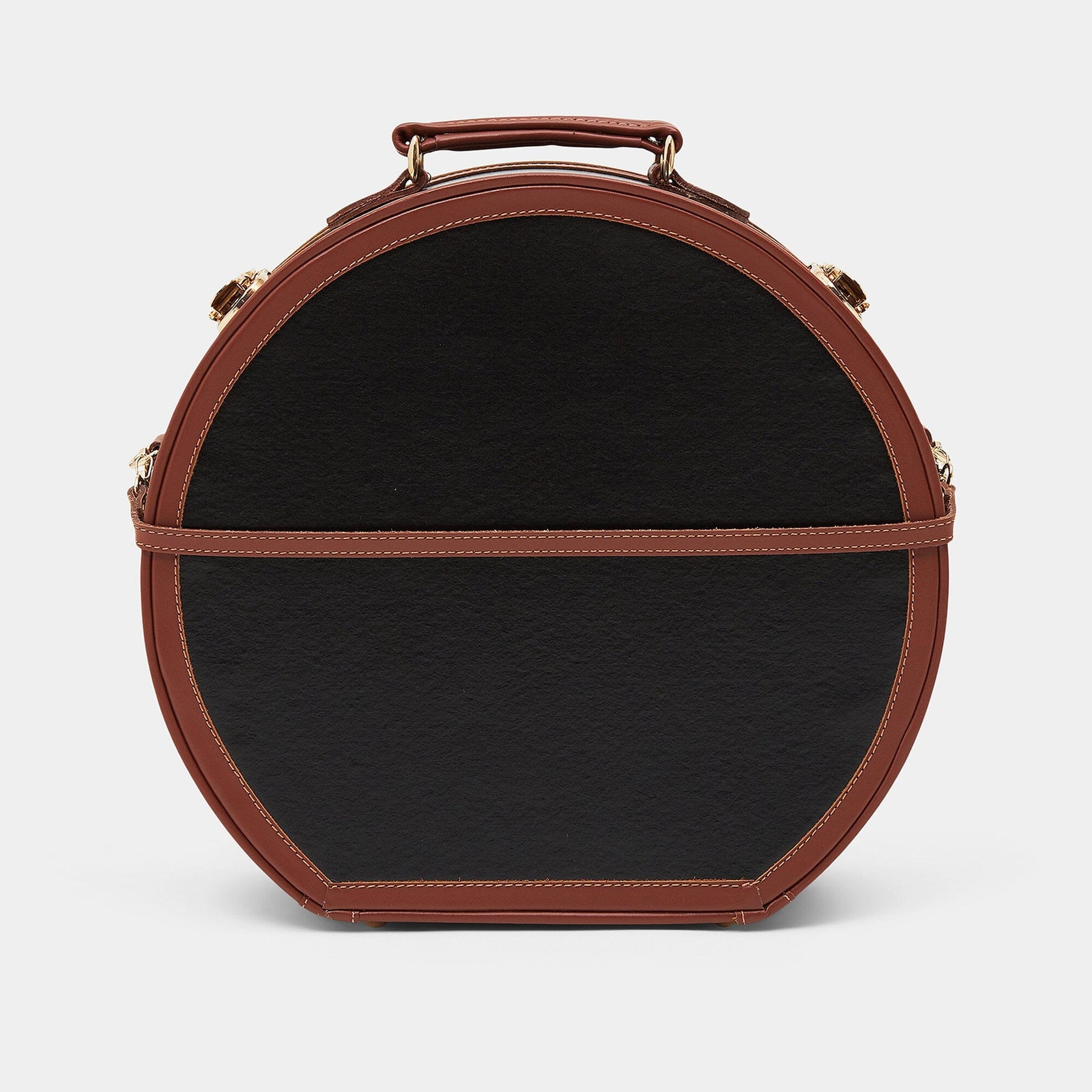 Back product view of the deluxe hatbox Diplomat leather suitcase in black with detachable suitcase strap