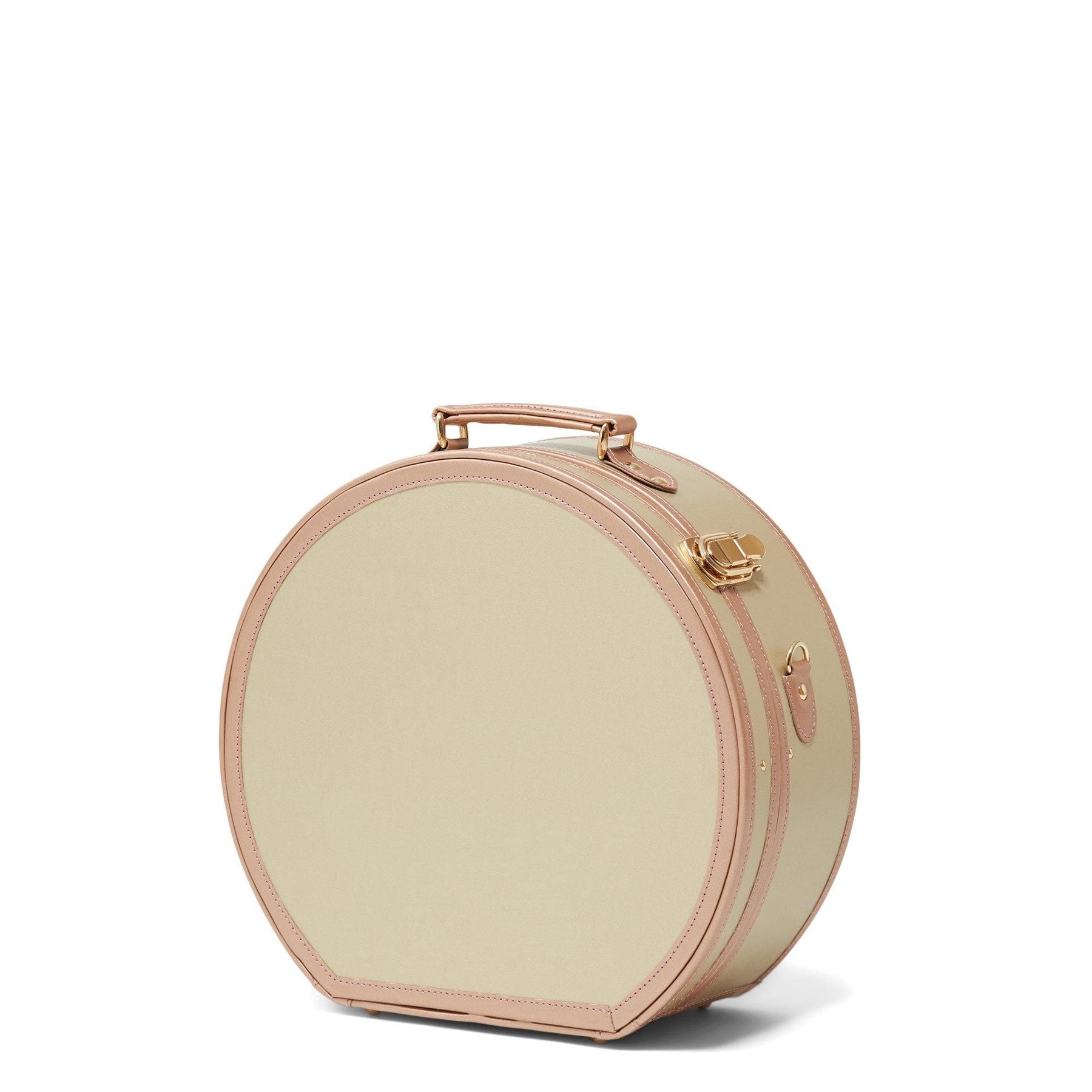 Angled product view of the large hatbox Alchemist vegan leather suitcase in gold 