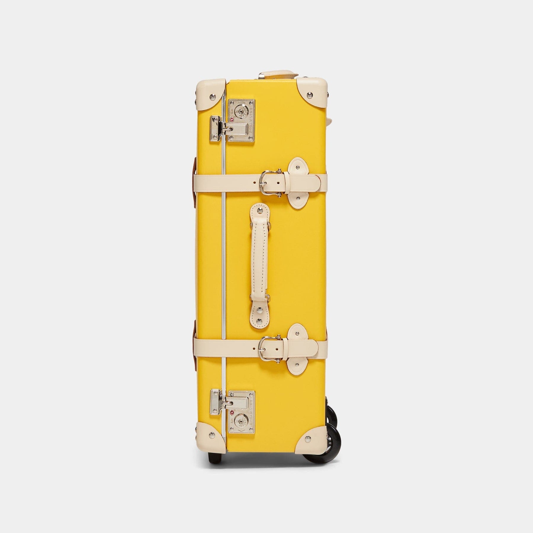 Side product view of the stowaway Correspondent fibreboard suitcase in canary yellow