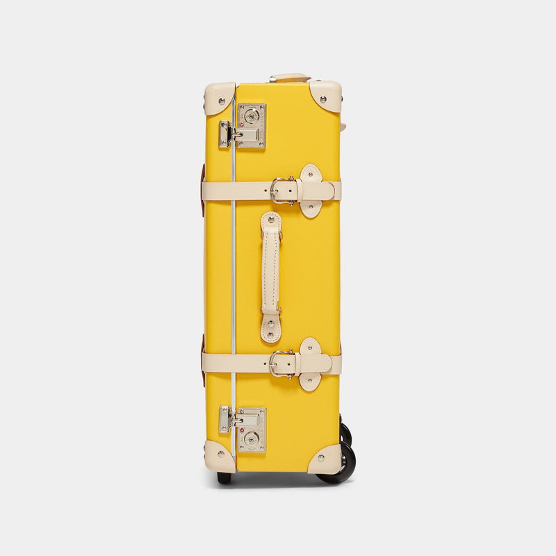 Side product view of the stowaway Correspondent fibreboard suitcase in canary yellow