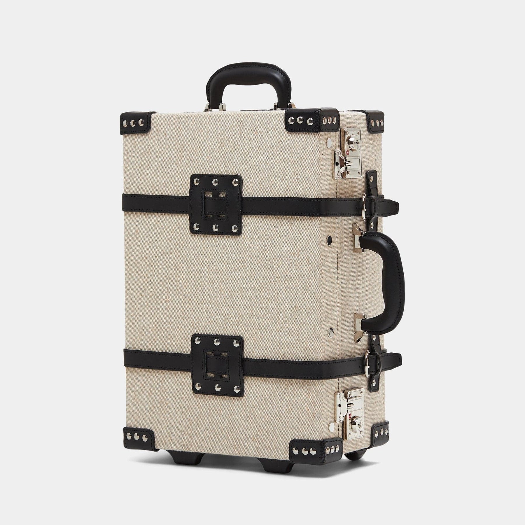 Angled product view of the carry-on Editor linen suitcase with black trims