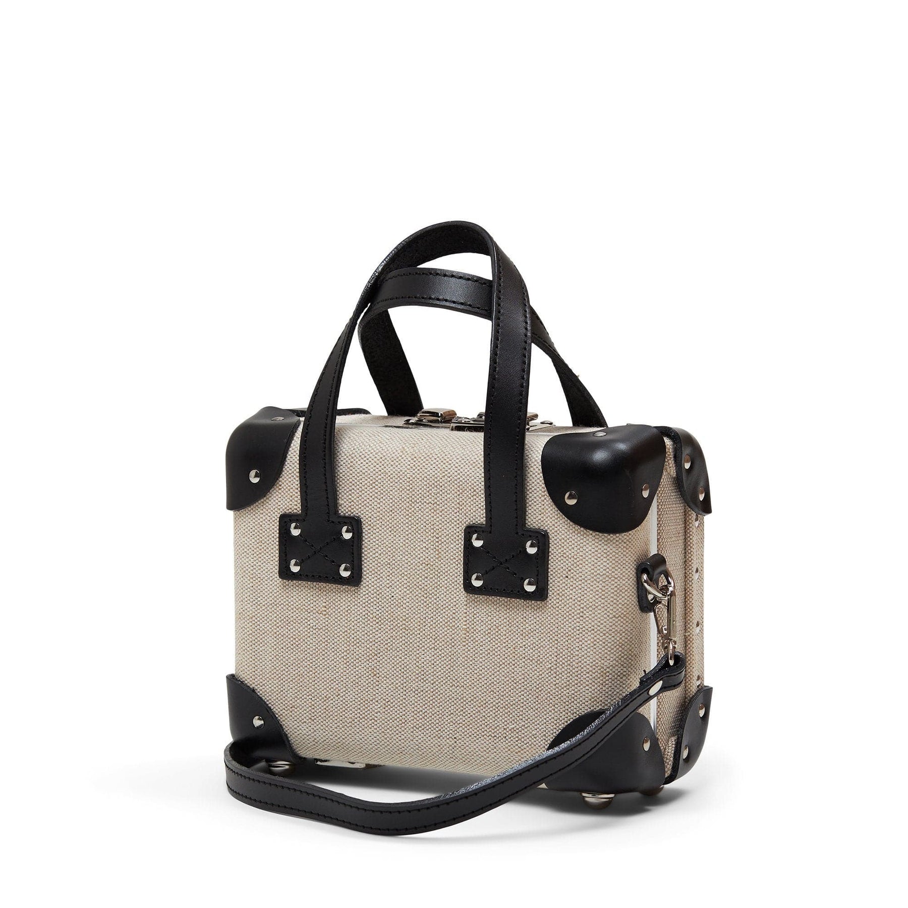 Angled product view of the mini Editor linen suitcase with black trims with shoulder attachment strap