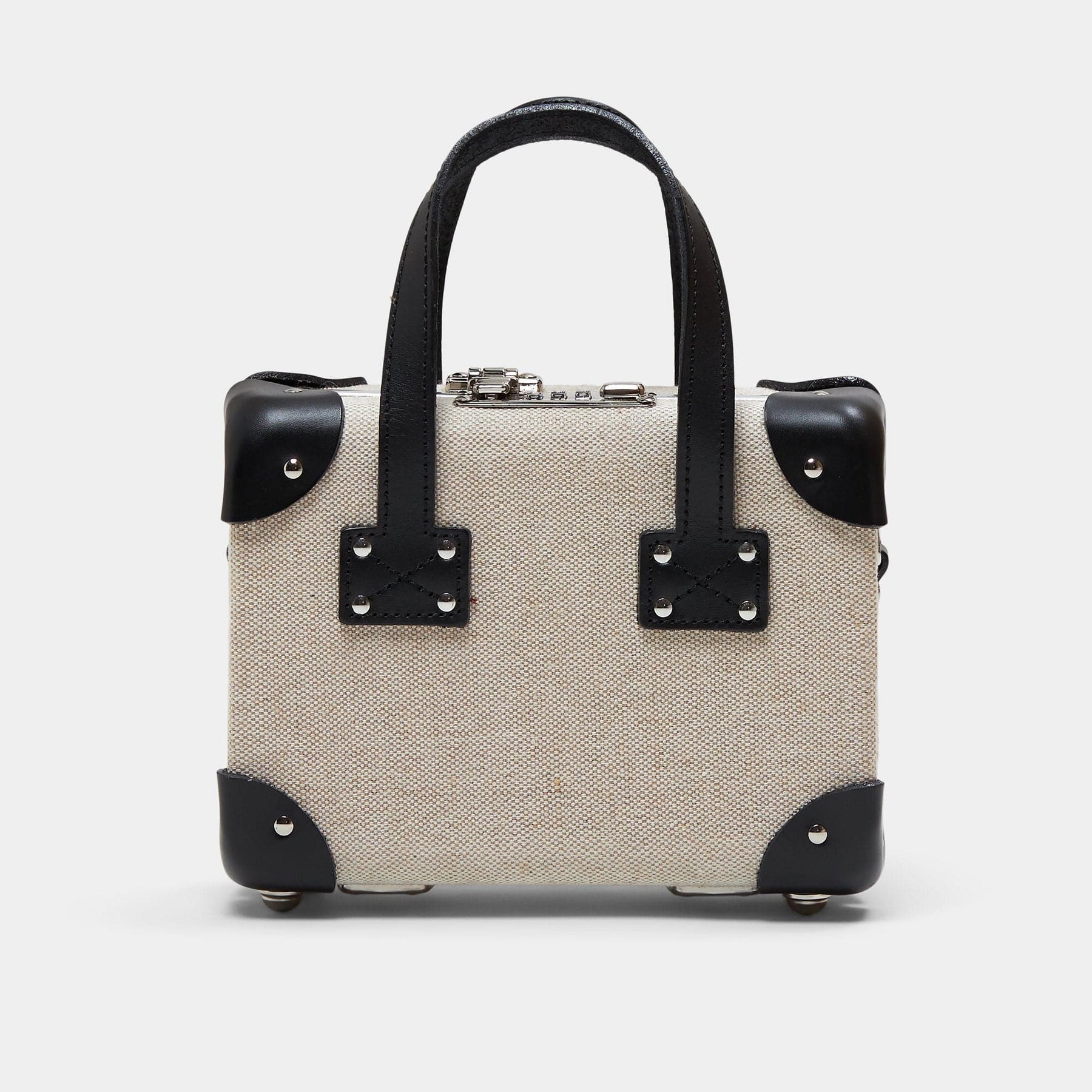 Back product view of the mini Editor linen suitcase with black trims 