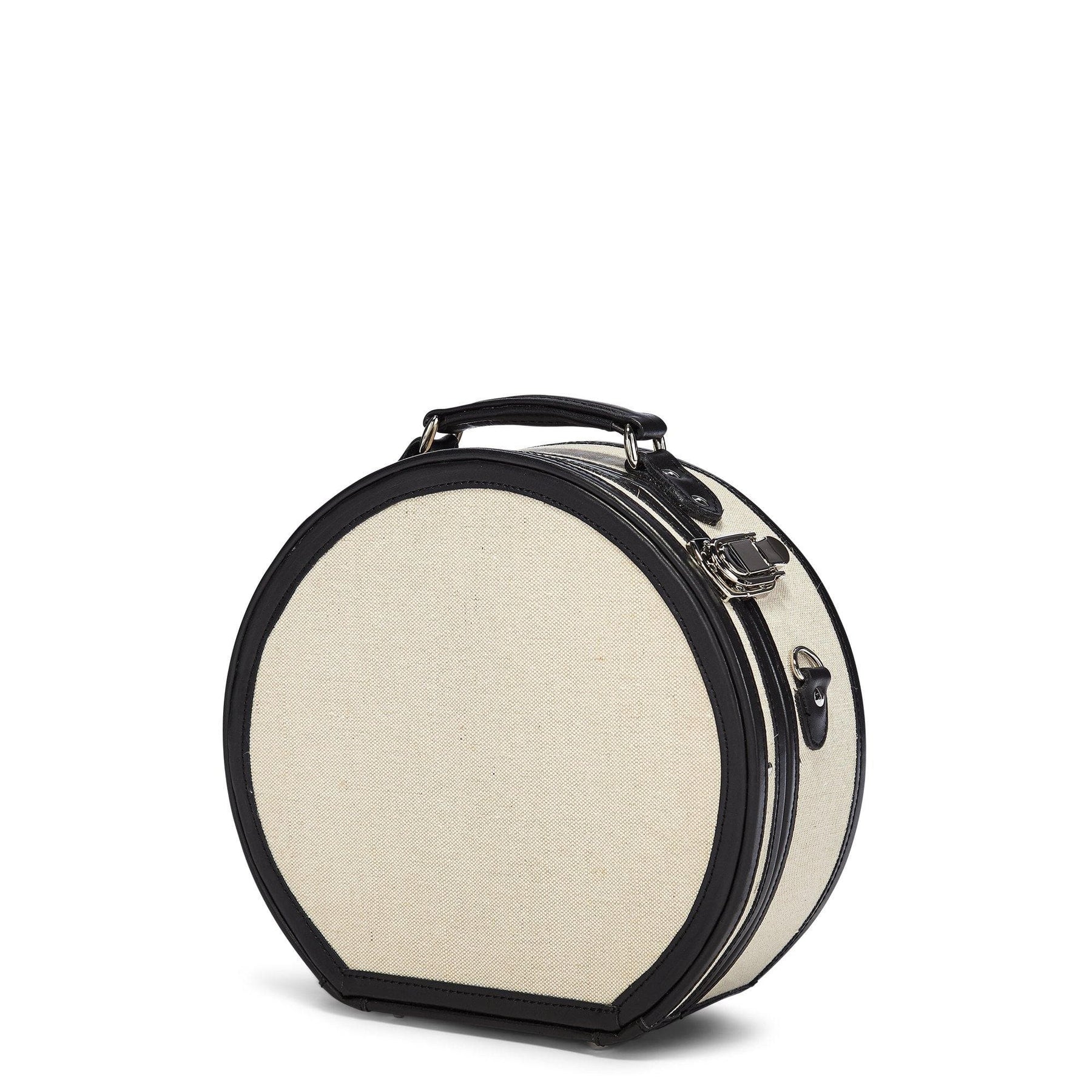 Angled product view of the small hatbox Editor linen suitcase with black trims 