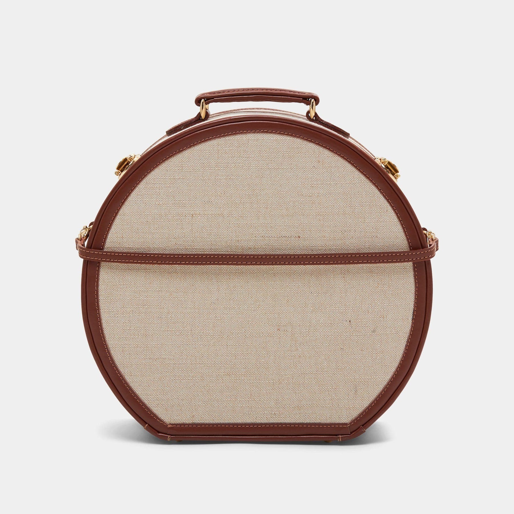 Back product view of the large hatbox Editor linen suitcase with brown trims and detachable suitcase strap