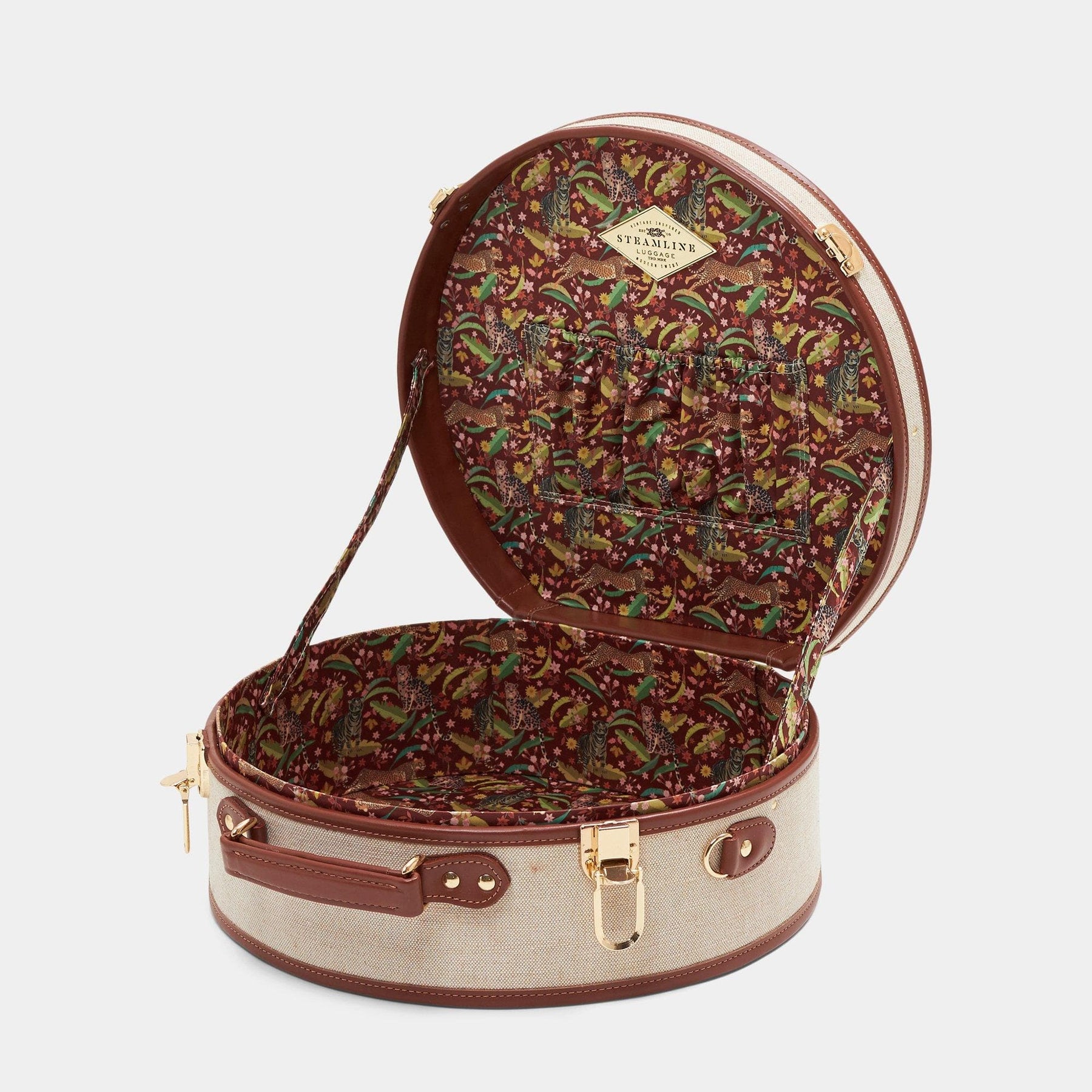 Open product view of the large hatbox Editor linen suitcase with brown trims and exotic-bird print lining