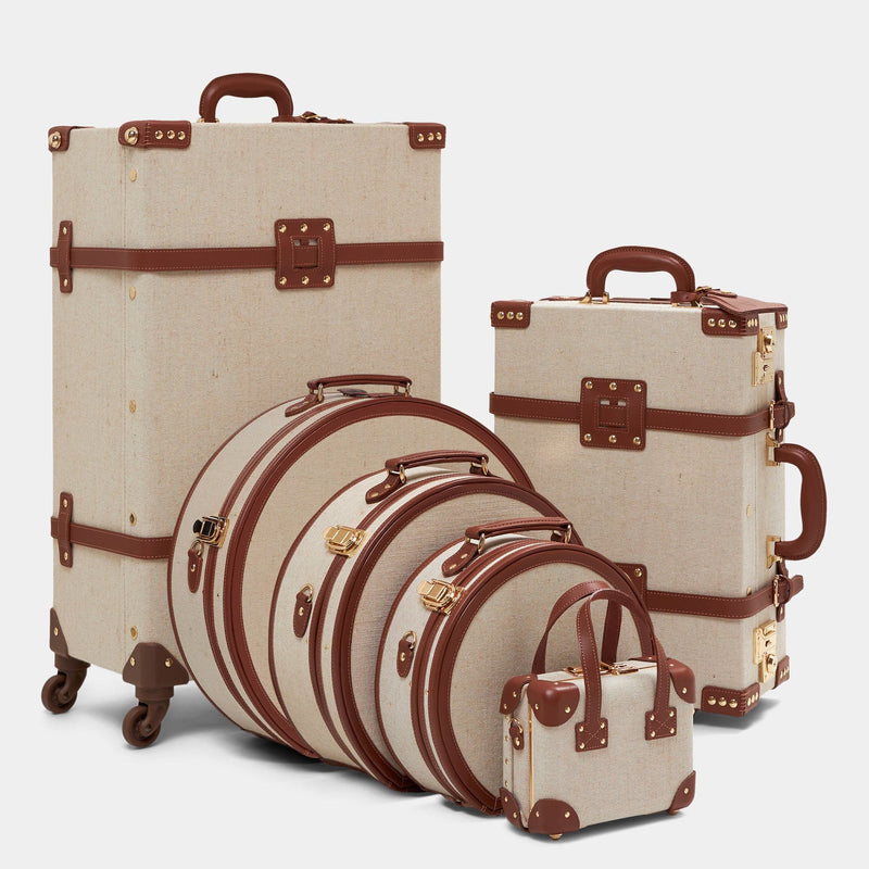 Designer luggage set of The Editor linen suitcase with brown trims