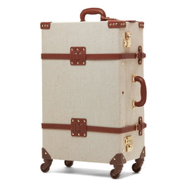 Angled product view of the check-in spinner Editor linen suitcase with brown trims