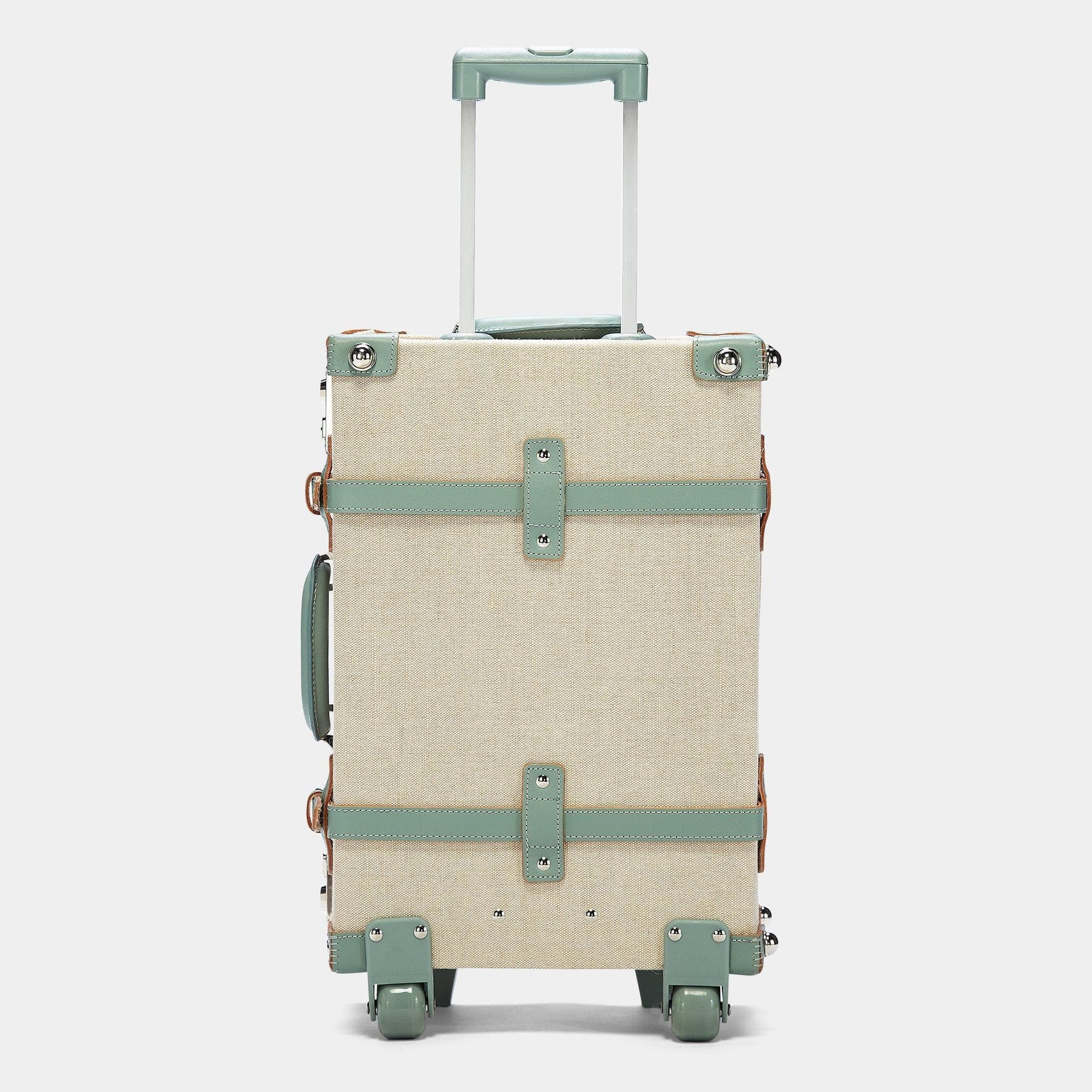 Back product view of the carry-on Editor linen suitcase with sea green trims and raised handle