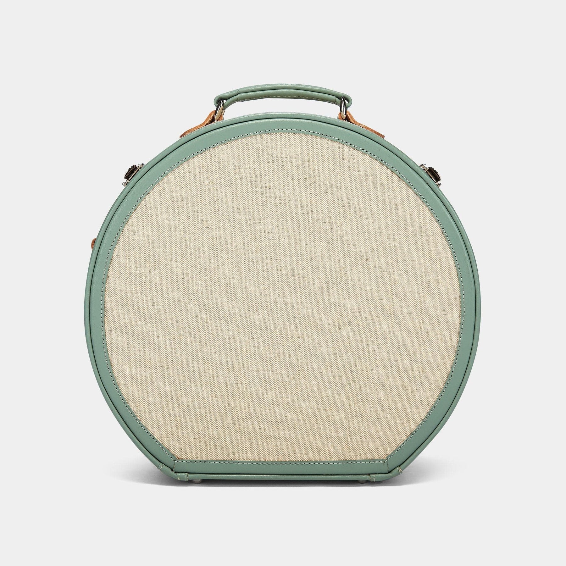 Back product view of the large hatbox Editor linen suitcase with sea green trims