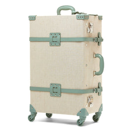 Angled product view of the check-in spinner Editor linen suitcase with sea green trims