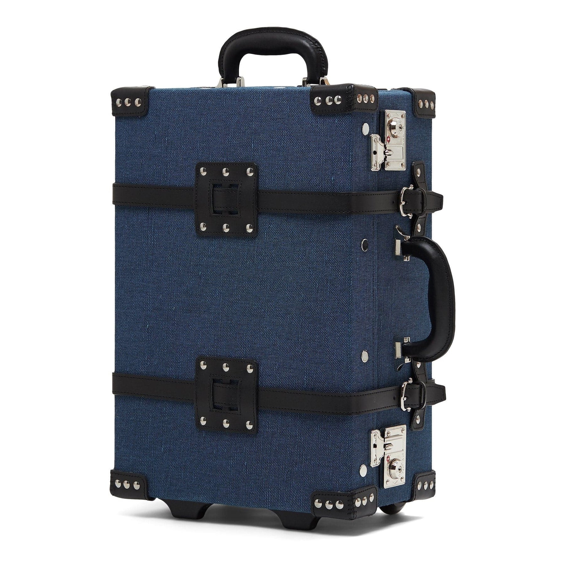 Angled product view of the carry-on Editor linen suitcase with navy body and black trims