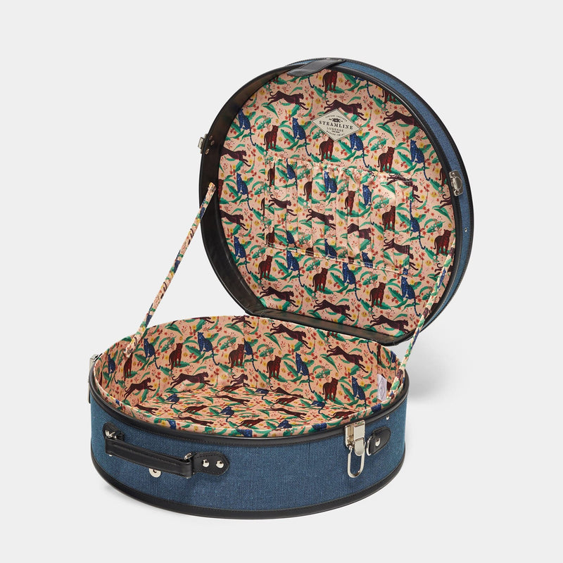 Open product view of the deluxe hatbox Editor linen suitcase with navy body, black trims and cheetah print lining