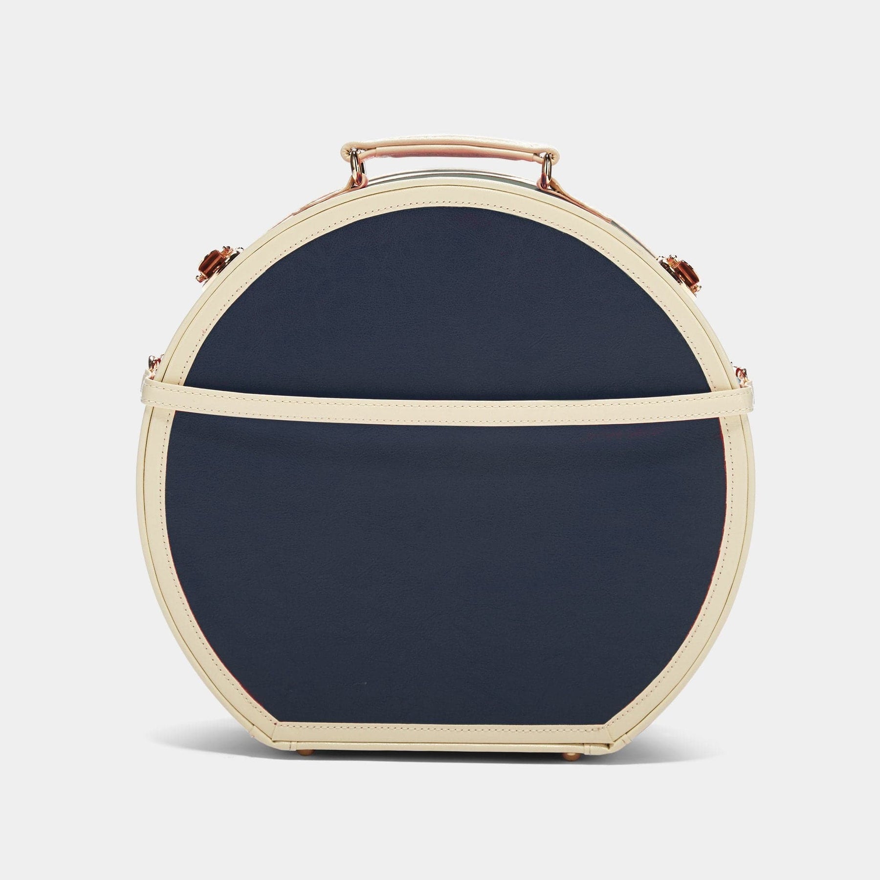 Back product view of the large hatbox Entrepreneur vegan leather suitcase in navy with detachable suitcase strap