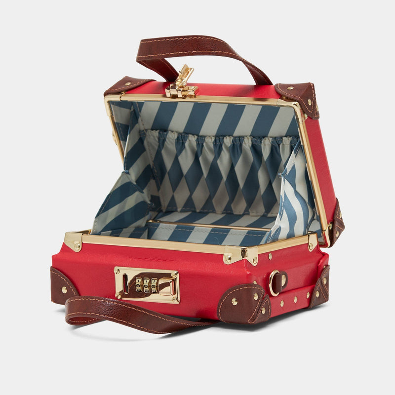 Open product view of the mini Entrepreneur vegan leather suitcase in red with  blue-white stripe print lining