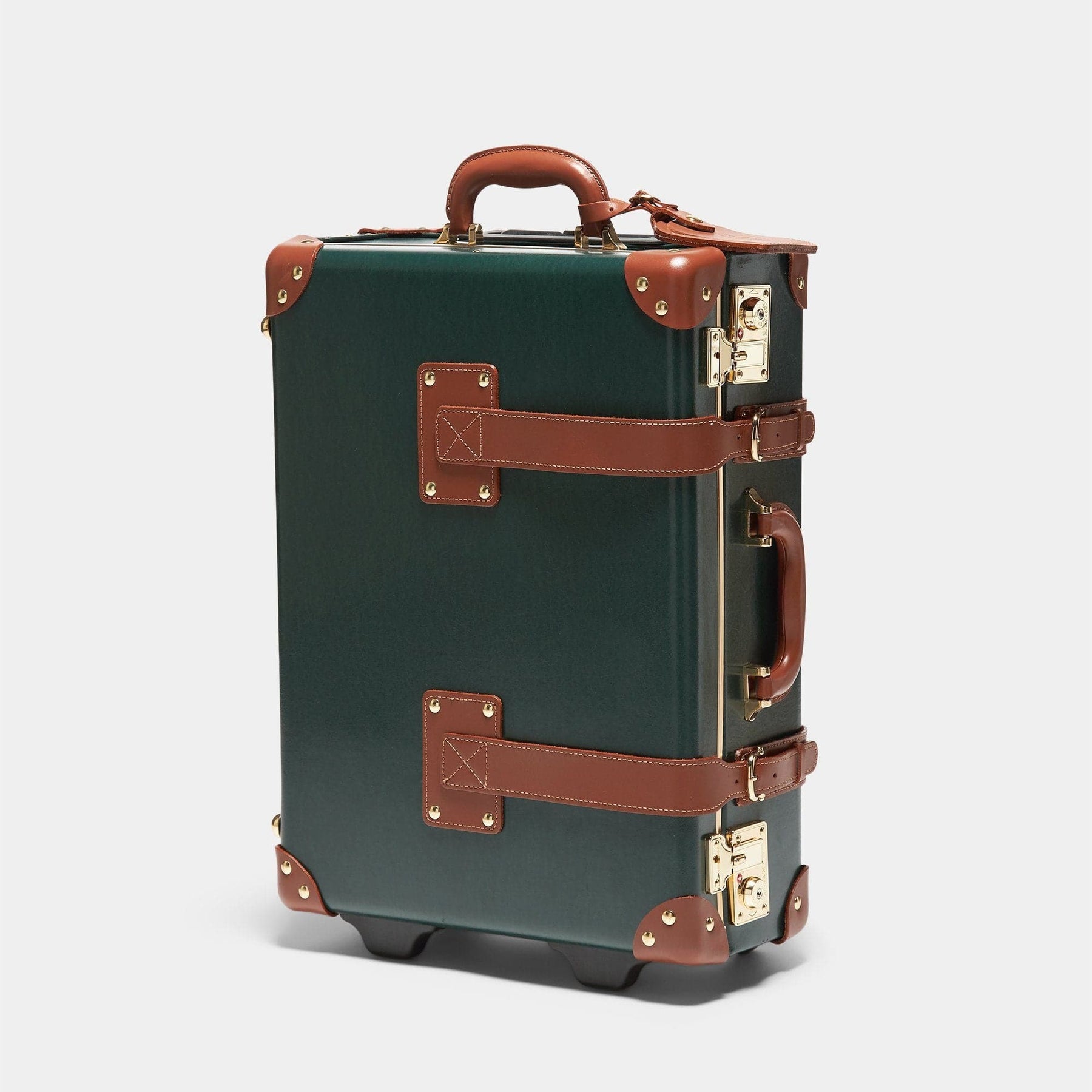 Angled product view of the carry-on Diplomat leather suitcase in hunter green