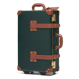 Angled product view of the stowaway Diplomat leather suitcase in hunter green