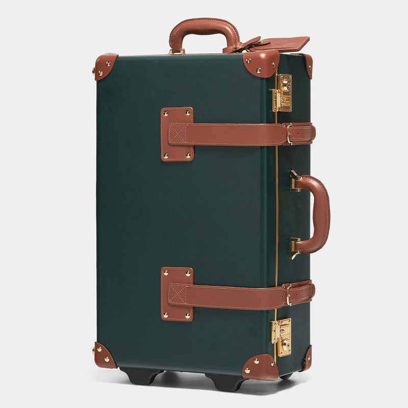 Angled product view of the stowaway Diplomat leather suitcase in hunter green