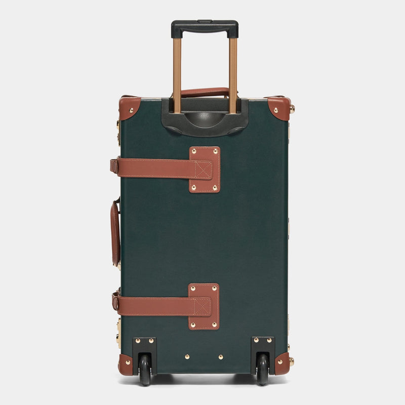 Back product view of the stowaway Diplomat leather suitcase in hunter green with raised handle