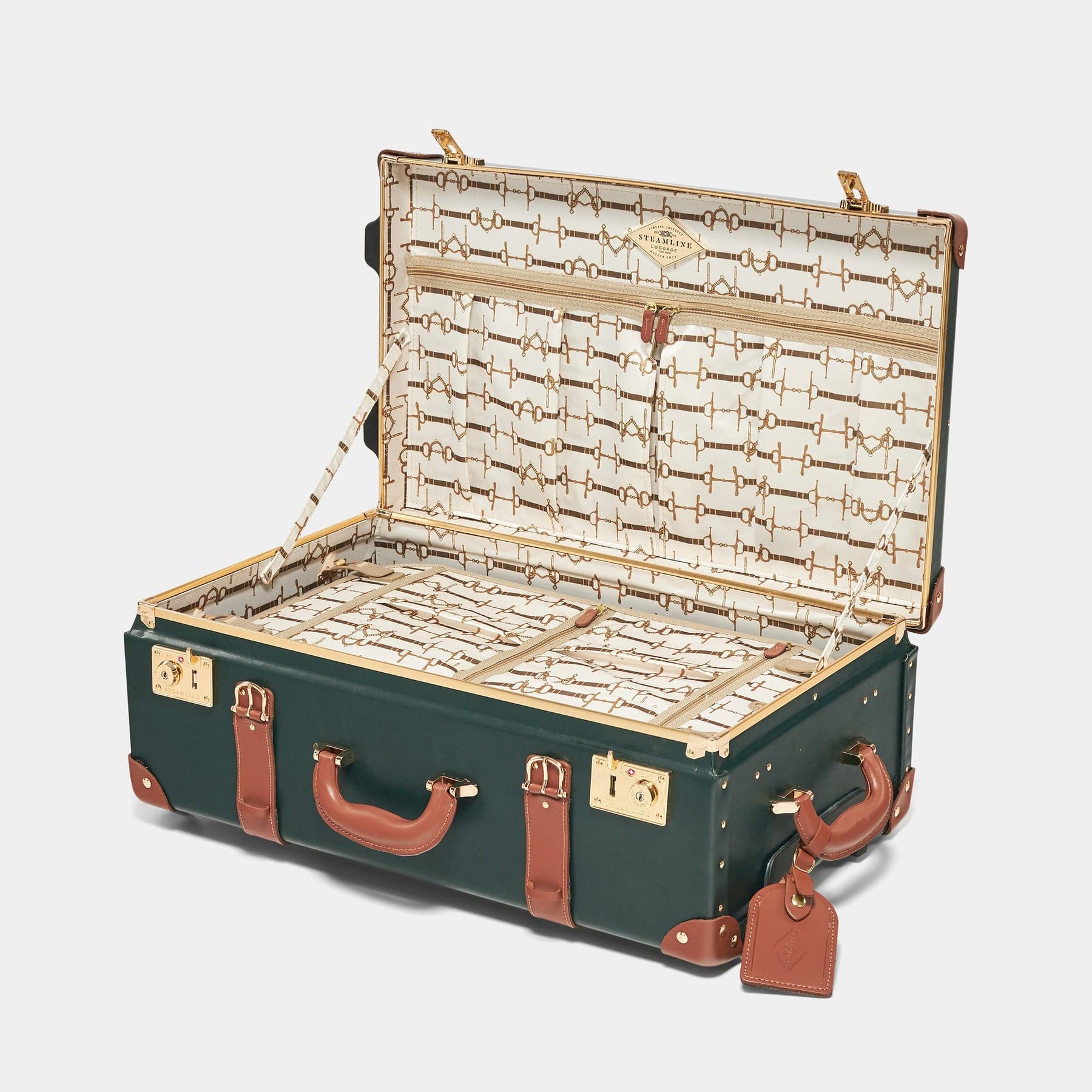 Open product view of the stowaway Diplomat leather suitcase in hunter green with snaffle-bit printed lining