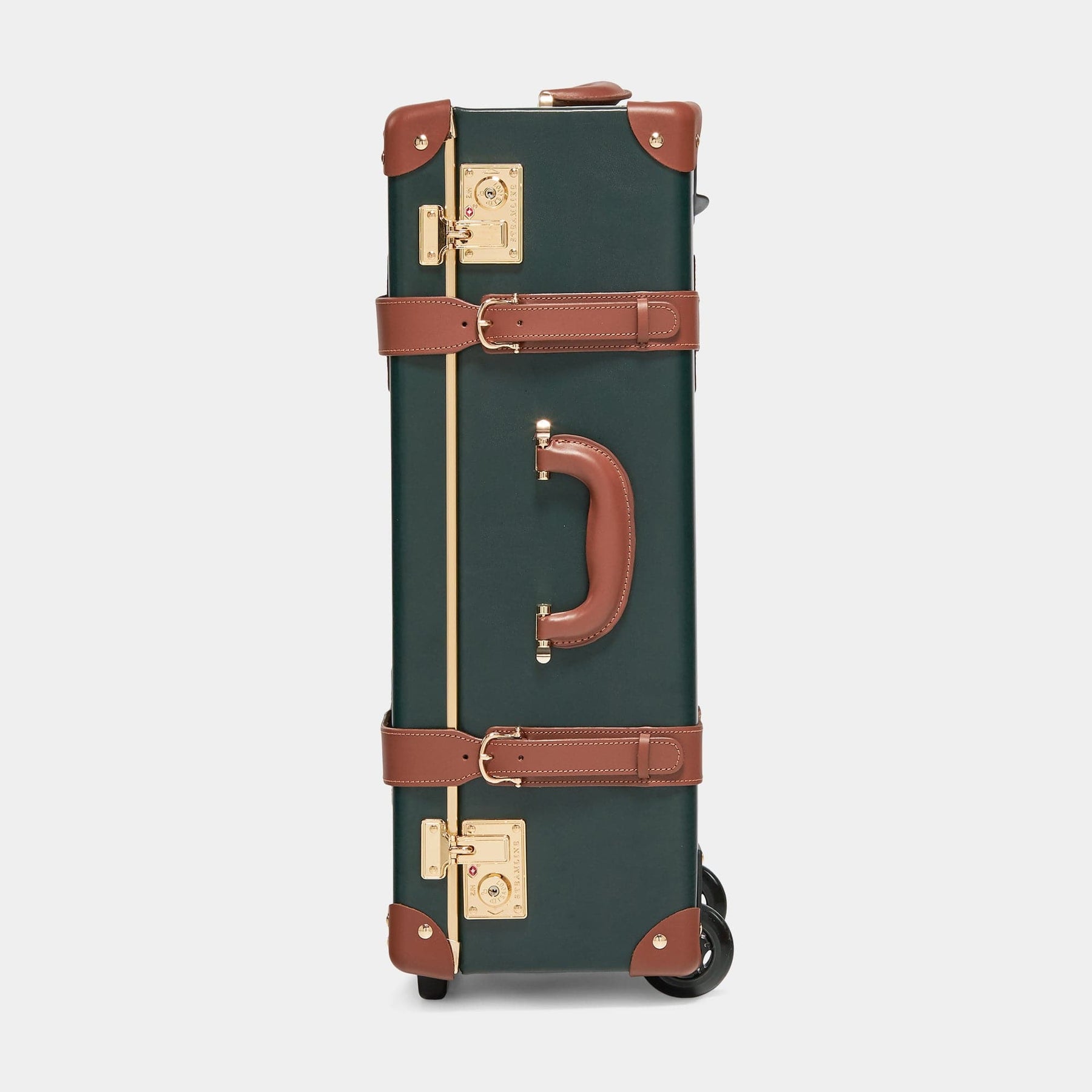 Side product view of the stowaway Diplomat leather suitcase in hunter green