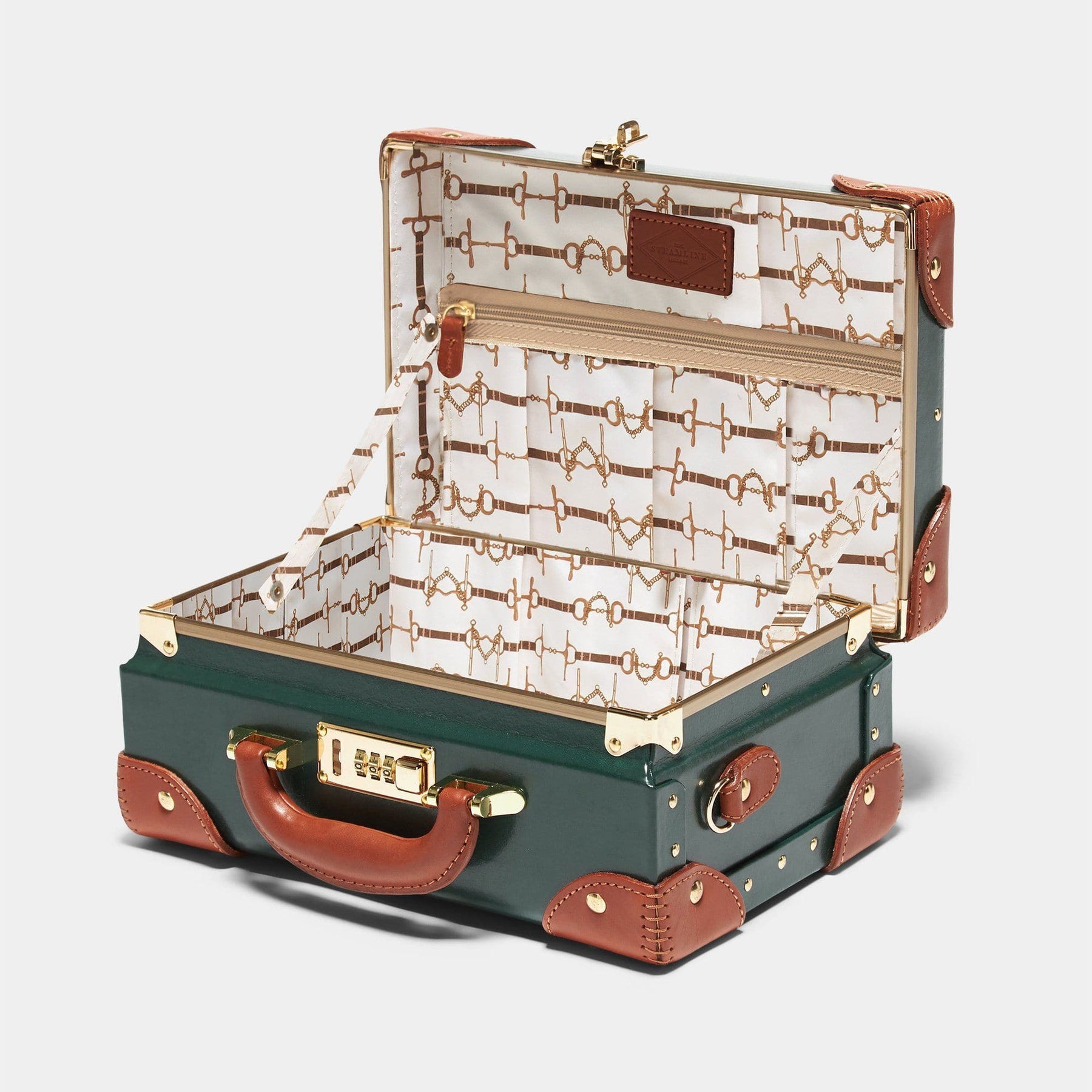 Open product view of the vanity Diplomat leather suitcase in hunter green with snaffle-bit printed lining