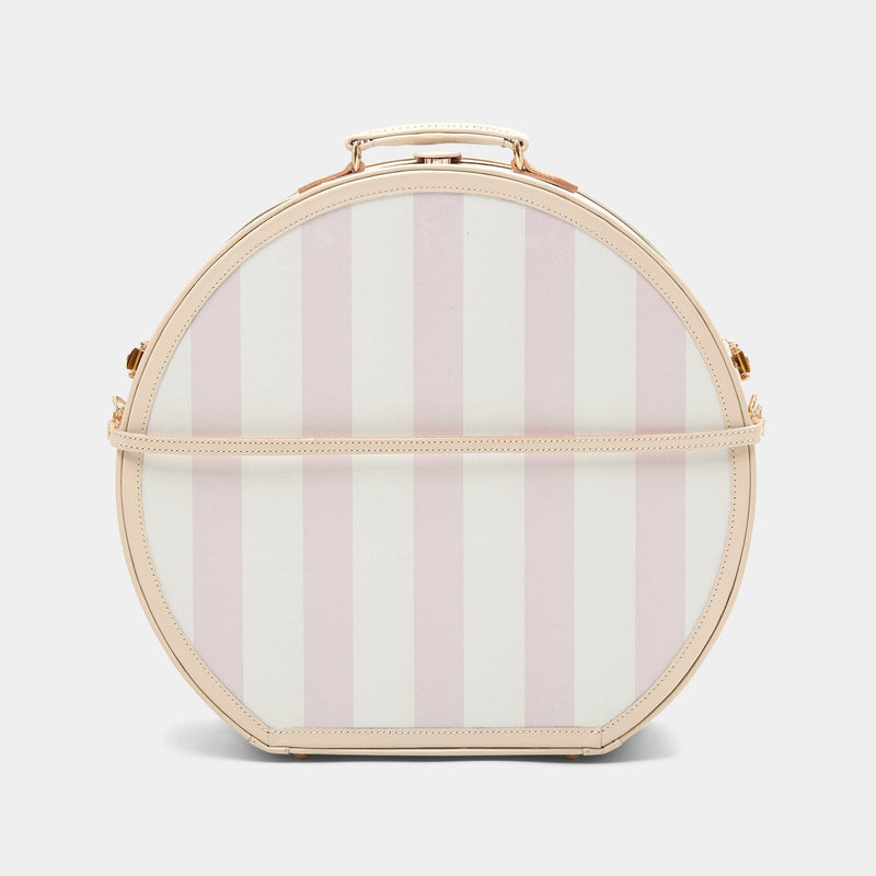 Product view of the deluxe hatbox Illustrator fibreboard suitcase in pink-stripe with detachable suitcase strap