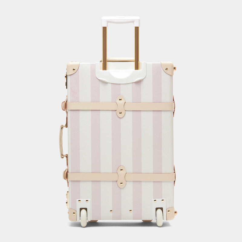 Back product view of the stowaway Illustrator fibreboard suitcase in pink stripe with raised handle