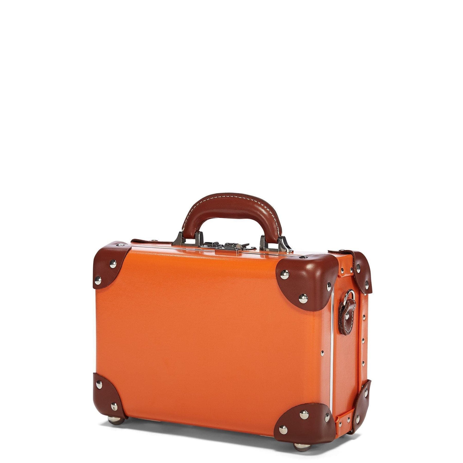 Angled product view of the vanity Anthropologist leather suitcase in orange