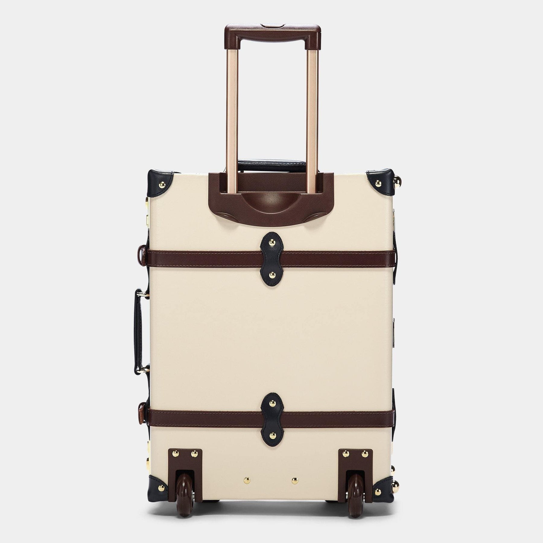 Back product view of the carry-on Architect leather suitcase in cream with raised handle