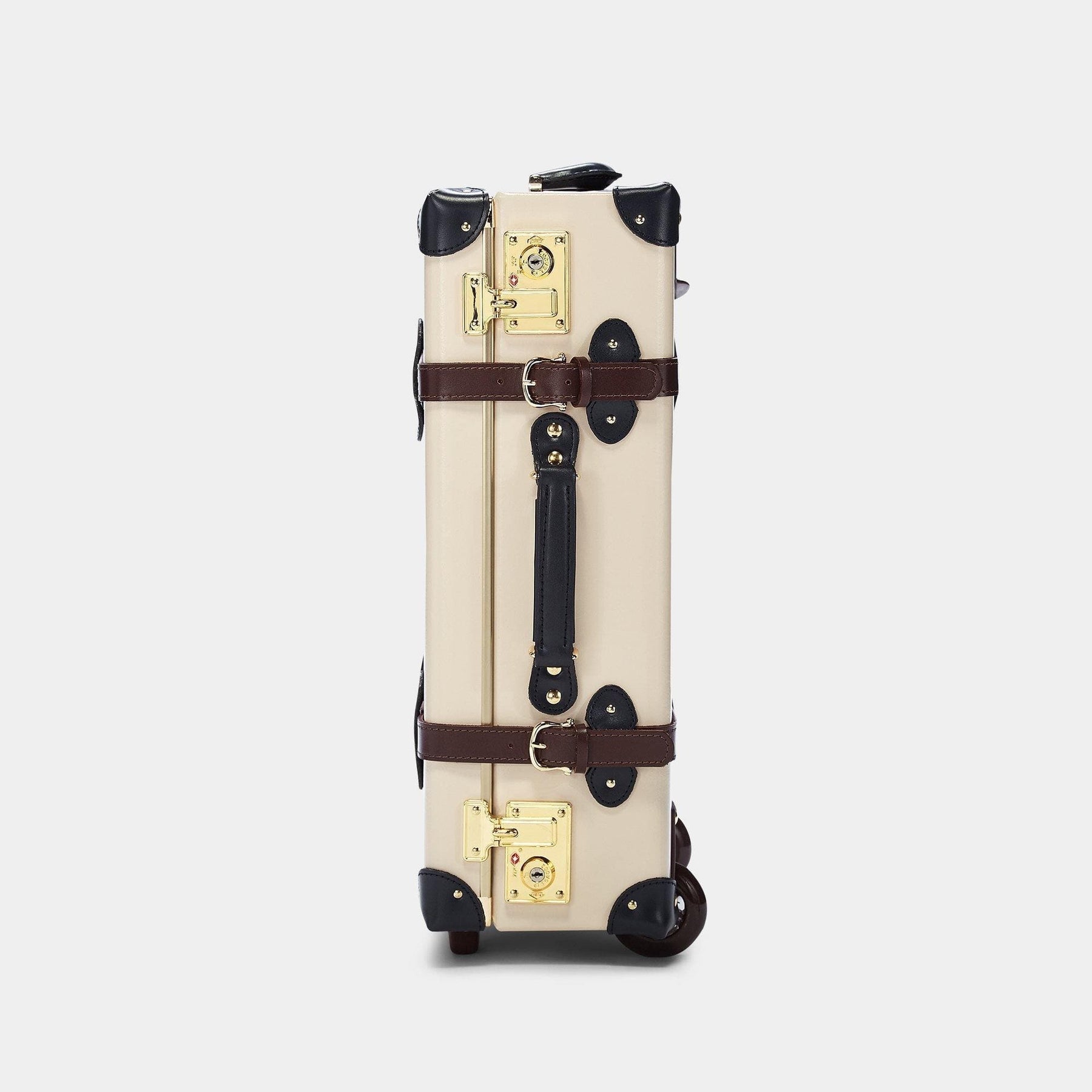 Side product view of the carry-on Architect leather suitcase in cream with raised handle