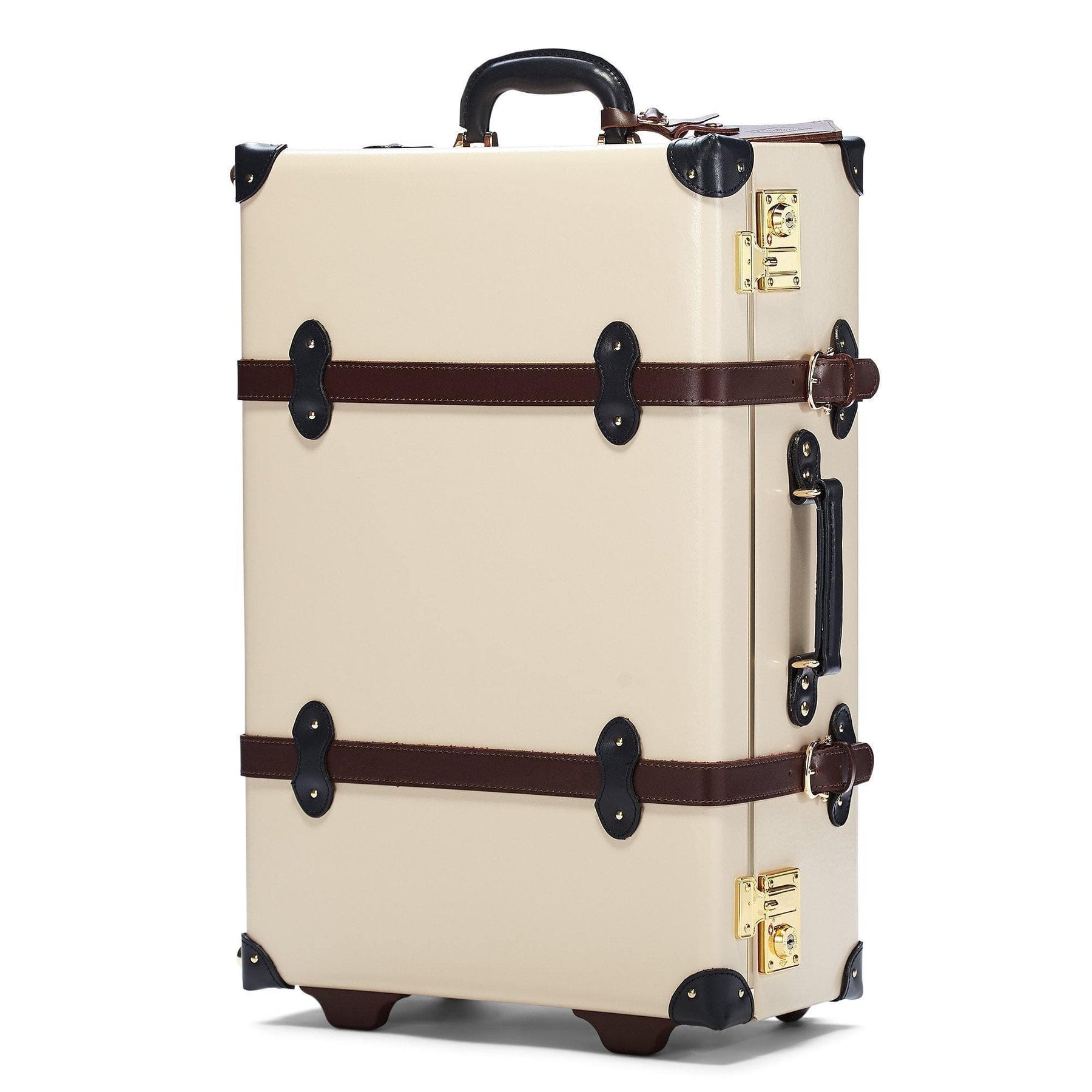 Angled product view of the stowaway Architect leather suitcase in cream