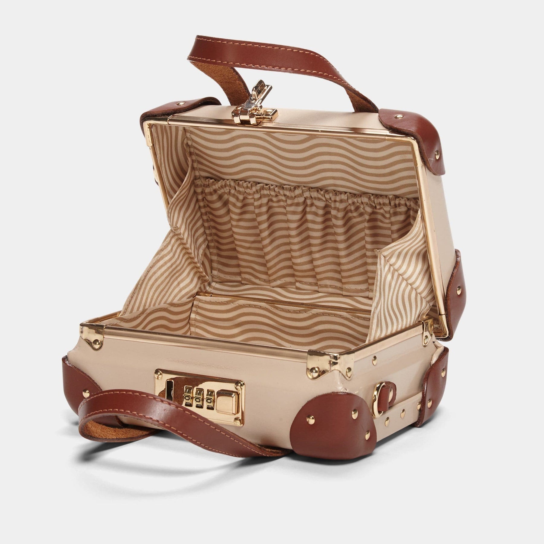 Open product view of the mini Diplomat leather suitcase in cream with snaffle-bit printed lining