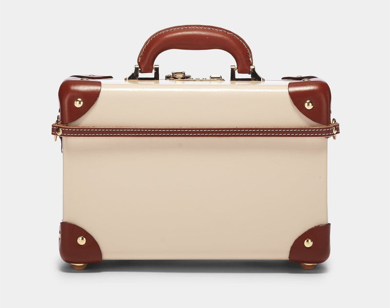 Product view of the vanity Diplomat leather suitcase in cream with suitcase attachment strap