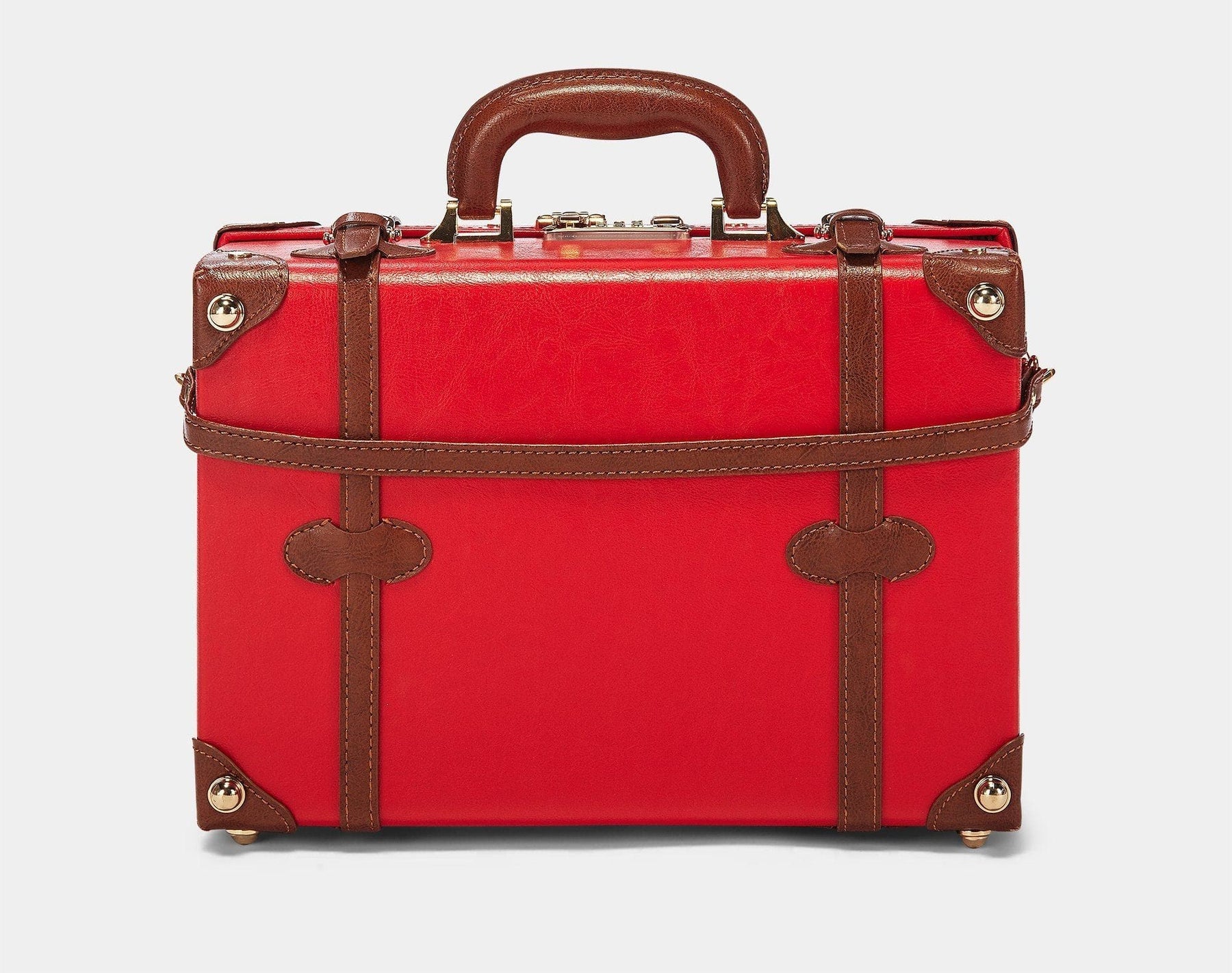Back product view of the briefcase Entrepreneur vegan leather suitcase in lipstick red with detachable suitcase strap