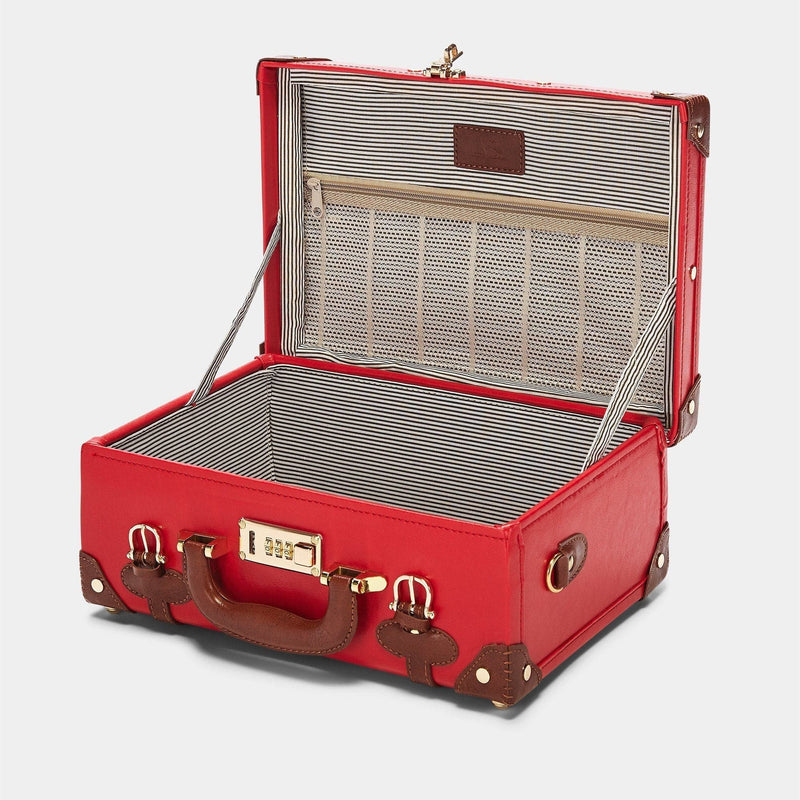 Open product view of the briefcase Entrepreneur vegan leather suitcase in red with blue-white stripe print lining