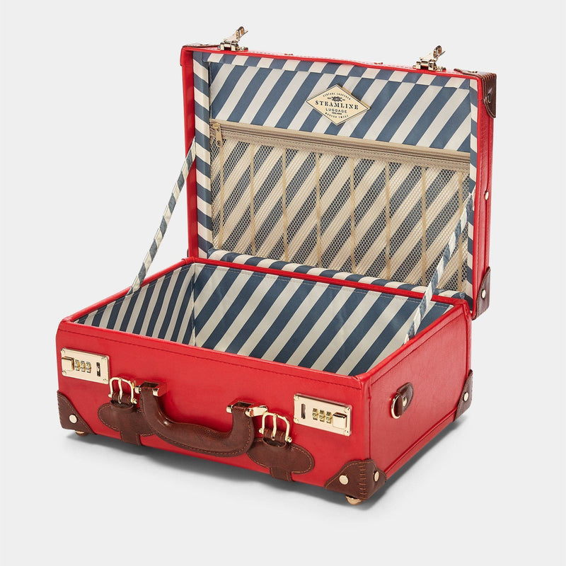 Open product view of the overnighter Entrepreneur vegan leather suitcase in red with blue-white stripe print lining