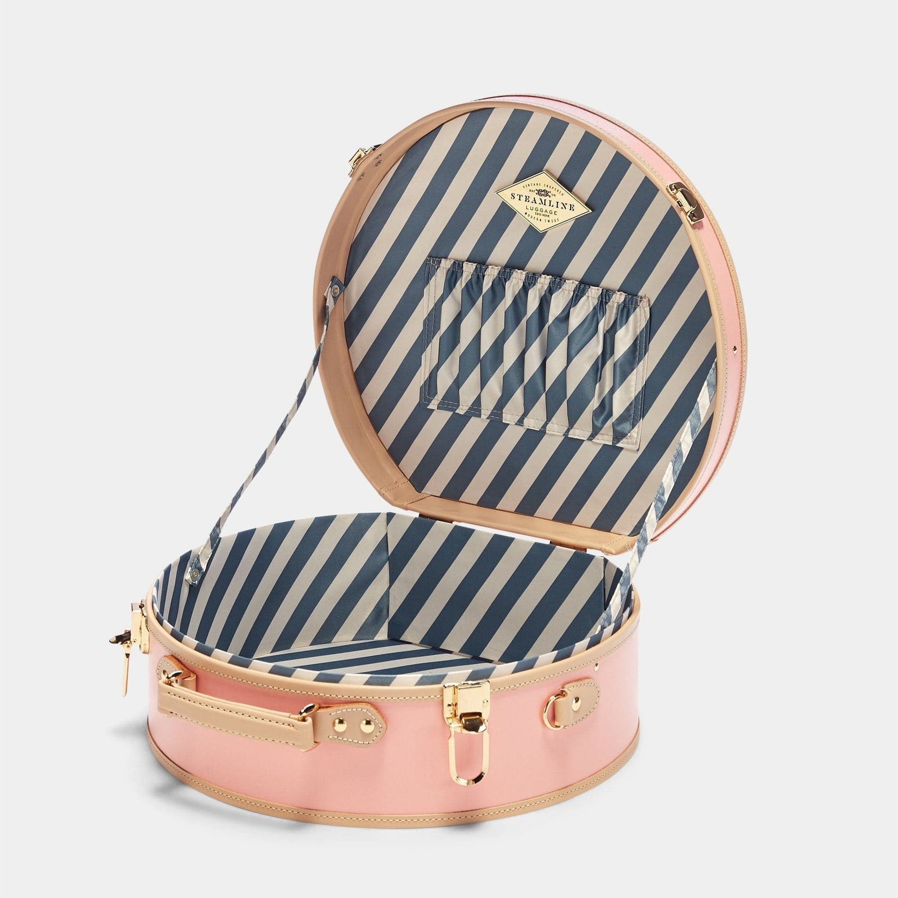 Open product view of the large hatbox Correspondent fibreboard suitcase in pink with blue and white stripe print lining