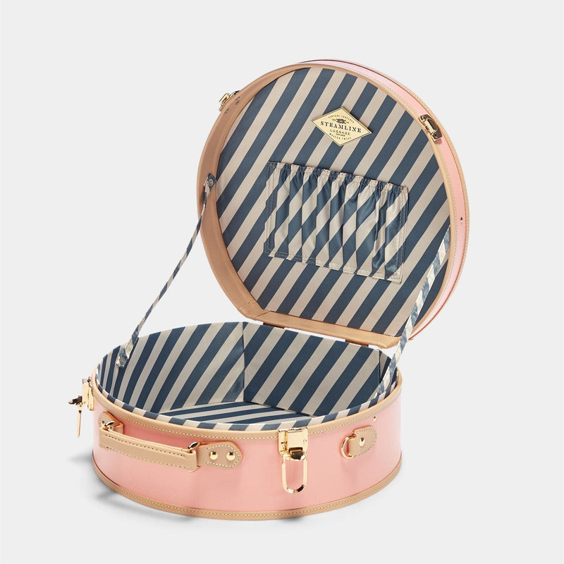 Open product view of the large hatbox Correspondent fibreboard suitcase in pink with blue and white stripe print lining
