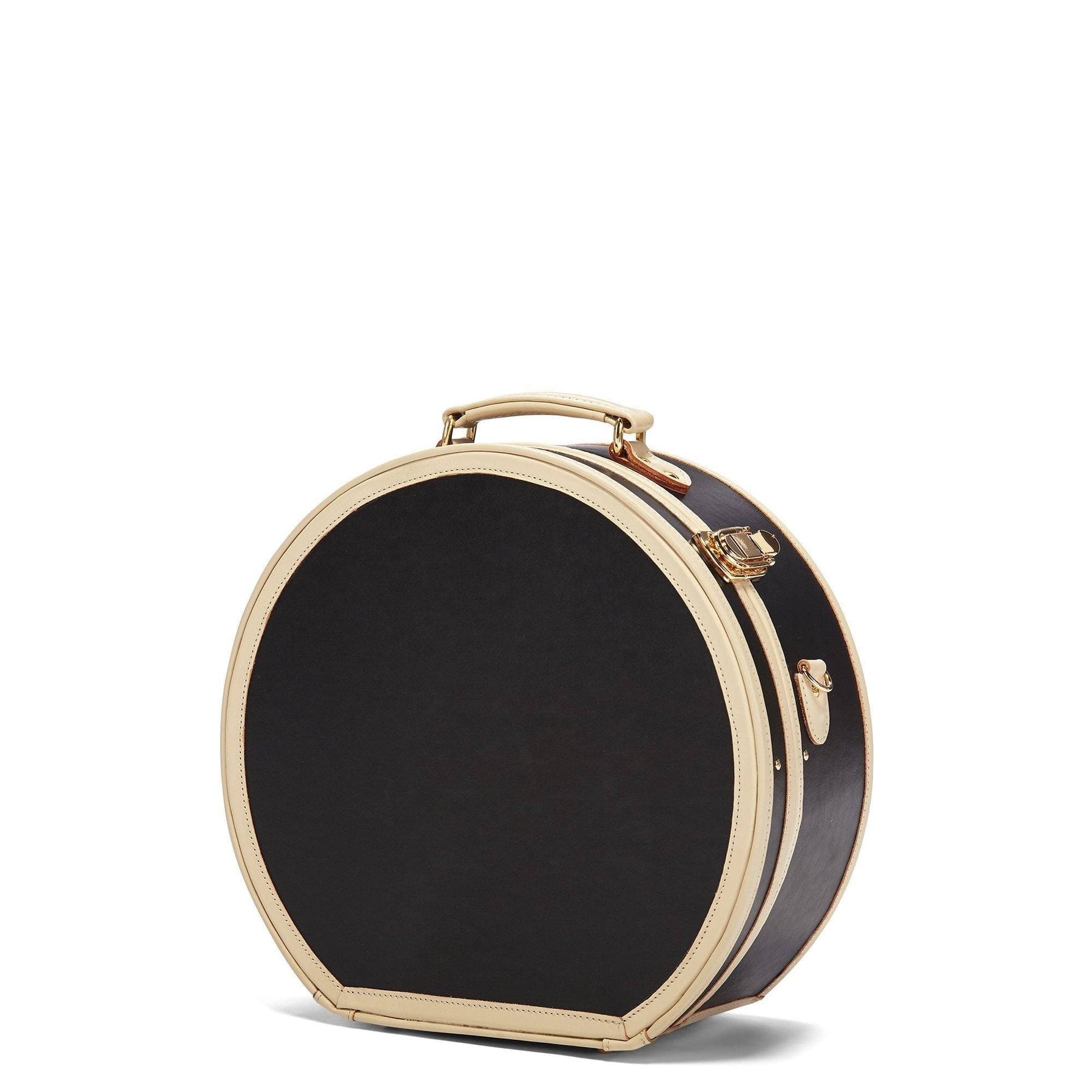 Angled product view of the large hatbox Starlet fibreboard suitcase in black