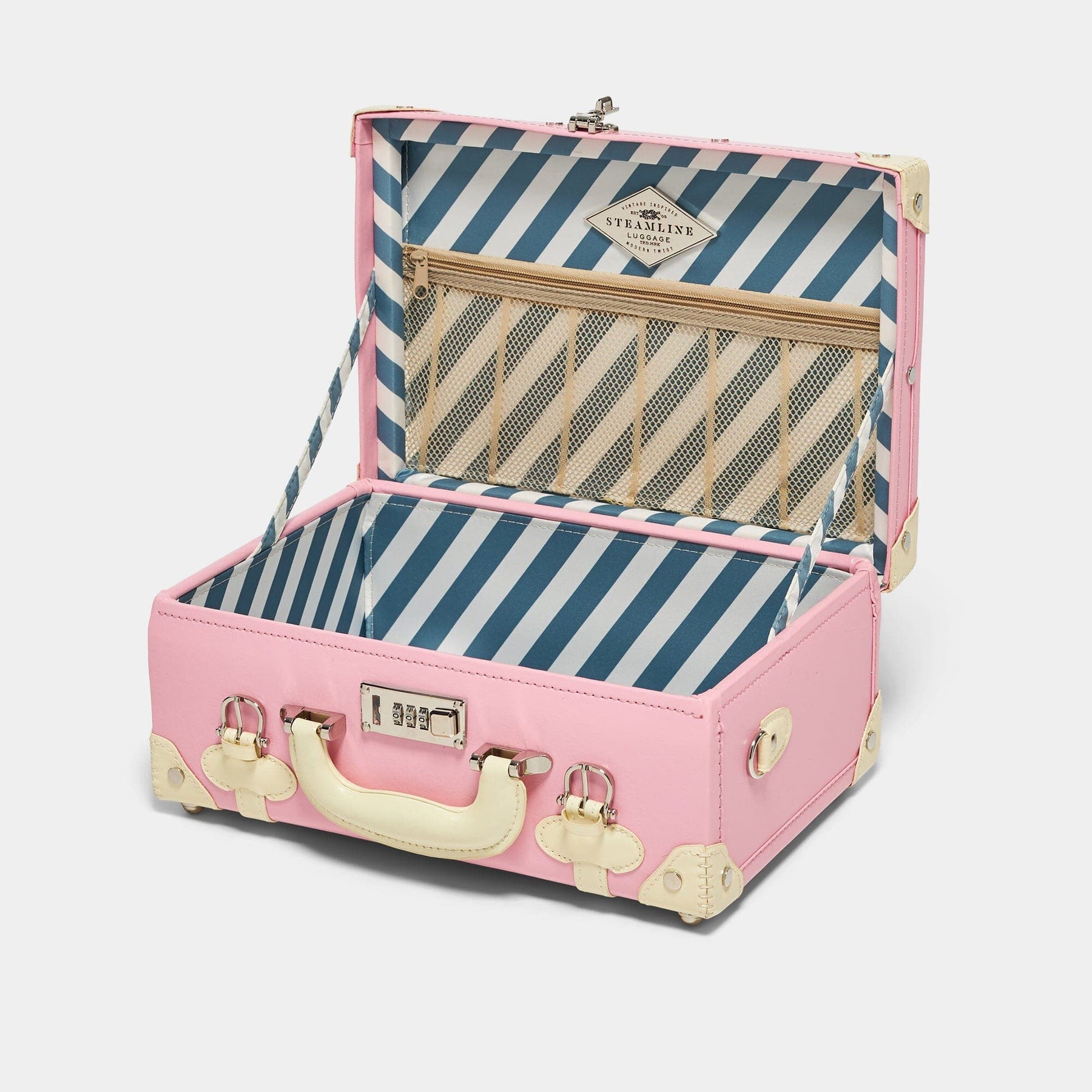 Open product view of the briefcase Entrepreneur vegan leather suitcase in pink with blue-white stripe print lining