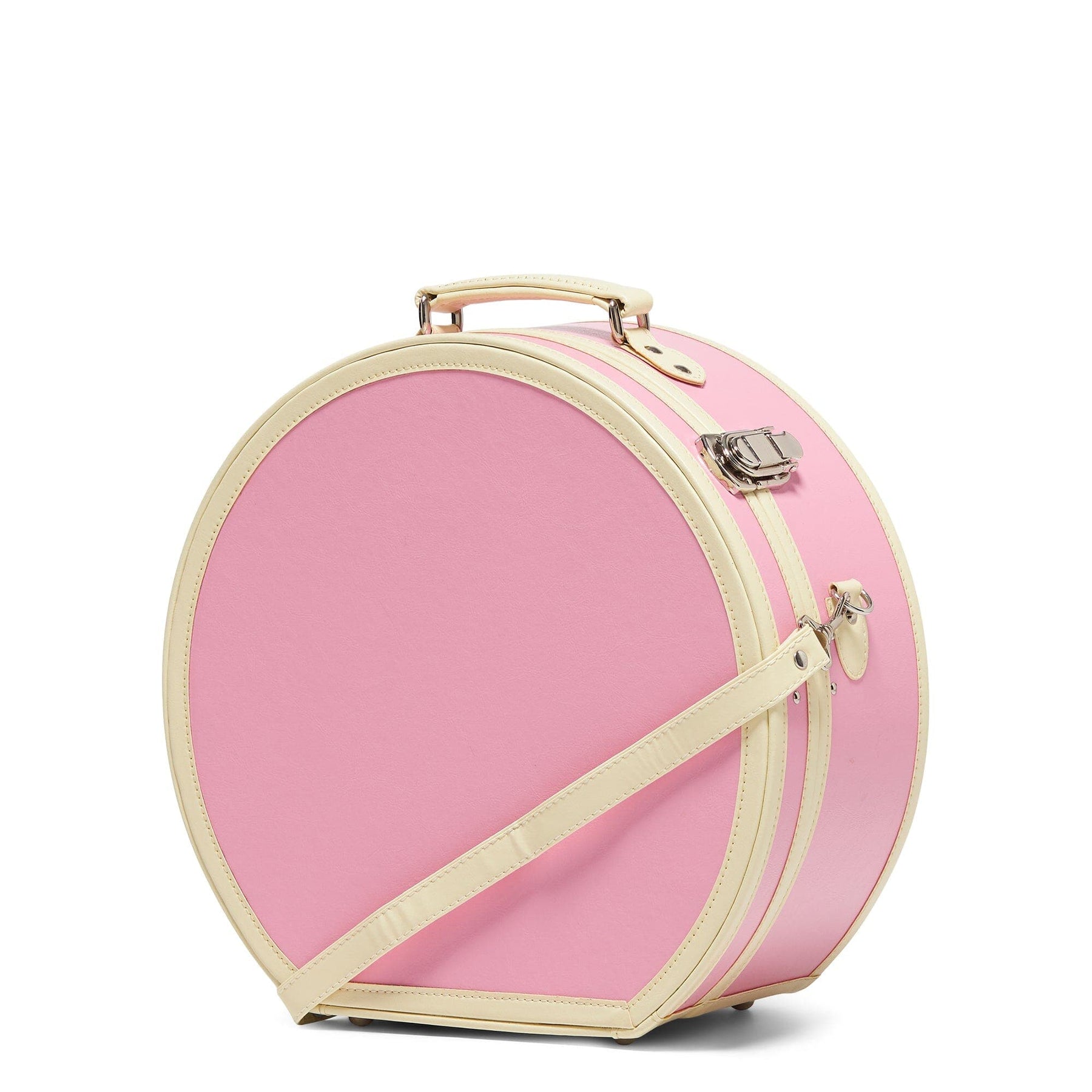 Angled product view of the large hatbox Entrepreneur vegan leather suitcase in pink with shoulder attachment strap