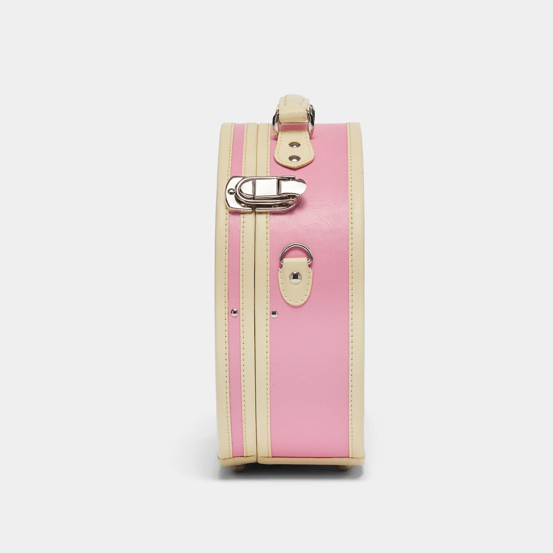 Side product view of the small hatbox Entrepreneur vegan leather suitcase in pink