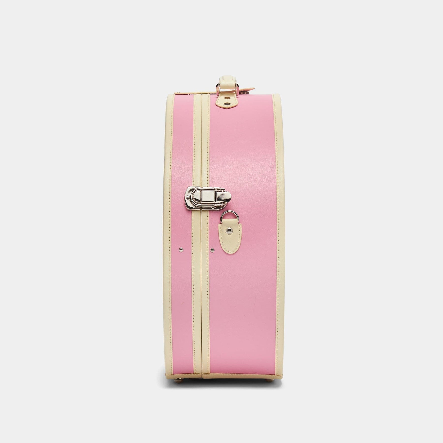 Side product view of the deluxe hatbox Entrepreneur vegan leather suitcase in pink